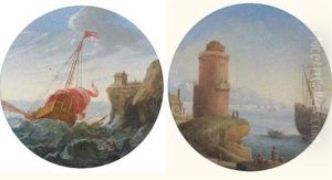 Bateaux Dans Une Tempete (+ Port Mediterraneen; Pair) by Orazio Grevenbroeck