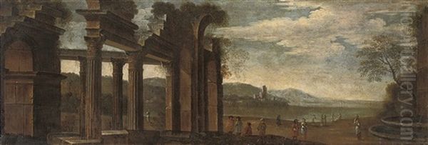 A Capriccio Of Classical Ruins By A Mediterranean Harbour With Figures In The Foreground - view 1