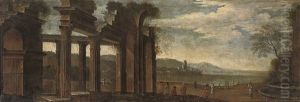 A Capriccio Of Classical Ruins By A Mediterranean Harbour With Figures In The Foreground