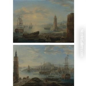 Views Of Mediteranean Port Capriccios With Men-o'war And Oriental Figures (pair)