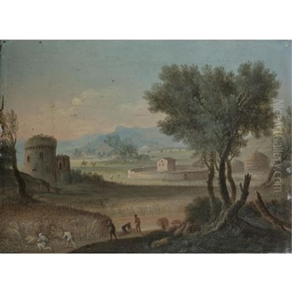 A Landscape, With Harvesters In The Foreground A Farm Beyond - view 1