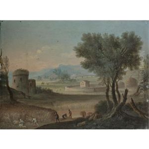 A Landscape, With Harvesters In The Foreground A Farm Beyond by Orazio Grevenbroeck