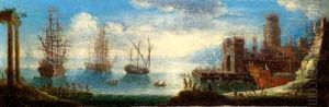 Navires Dans Un Port Mediterraneen Au Coucher Du Soleil by Orazio Grevenbroeck