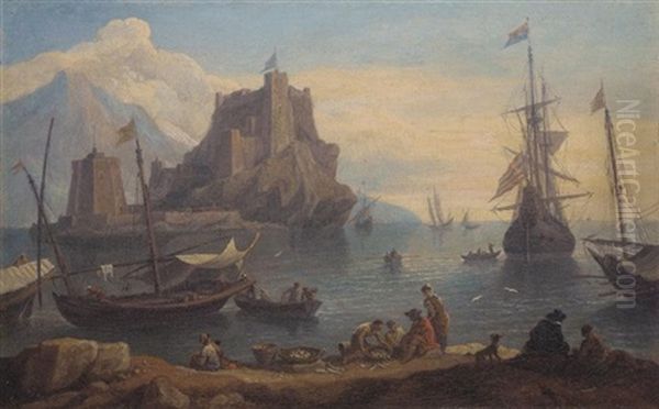 A Mediterranean Harbour Scene With Fishermen Selling Their Catch And Ships At Harbour Beyond - view 1
