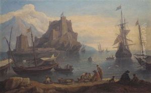 A Mediterranean Harbour Scene With Fishermen Selling Their Catch And Ships At Harbour Beyond by Orazio Grevenbroeck
