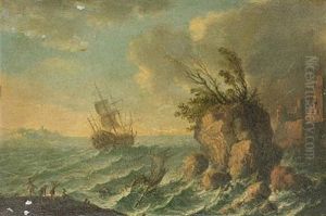 Shipping Foundering In Rough Seas Off A Rocky Coastline