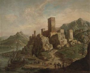 A Capriccio Of A Mediterranean Coastal Inlet With Shipping, A Fortified Hilltop Town Beyond