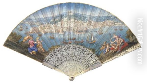 Ventaglio Con Napoli Vista Dal Mare A Volo D'uccello, Con La Dea Cerere, Il Dio Sebeto E Vari Vascelli Alla Rada (+ Paesaggio Mediterraneo D'invenzione Con Un Borgo, Verso, In Collab. W/teresa Del Po) - view 1