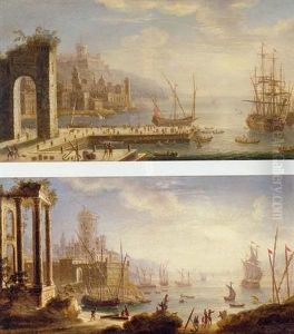 Mediterranean Port Scene With Classical Ruins by Orazio Grevenbroeck