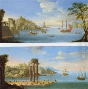 Vue D'un Port Mediterraneen, Anime De Nombreux Personnages Avec Navires De Haut Bord En Rade