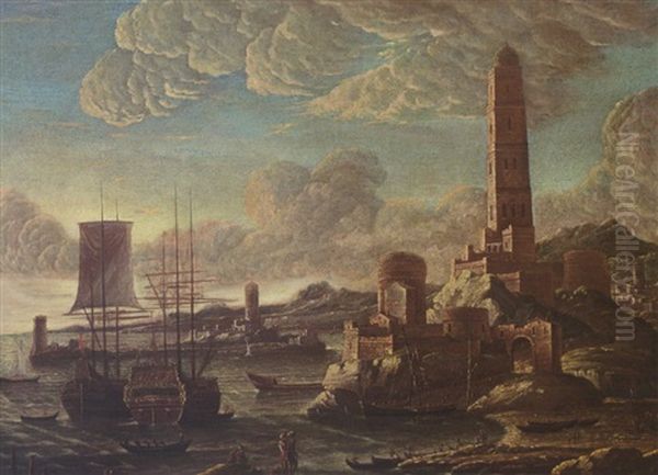 A Mediterranean Harbour Scene At Sunset With Sailing Vessels Moored And Figures Unloading Boats, A Firehouse And A Town Nearby - view 1