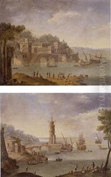 Harbour Scene With Ships By A Tower (+ Harbor Scene By A Fortification; Pair) - view 1