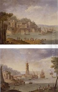 Harbour Scene With Ships By A Tower (+ Harbor Scene By A Fortification; Pair)