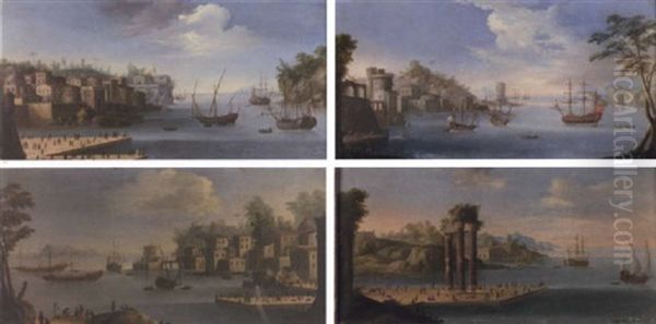 Capricci Of Mediterranean Harbours With Moored Shipping And Figures On A Quayside - view 1