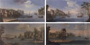 Capricci Of Mediterranean Harbours With Moored Shipping And Figures On A Quayside