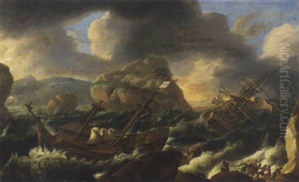 Shipping In A Storm Off A Rocky Coast - view 1