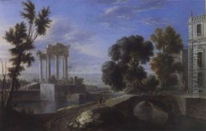 Paysage De Fantaisie Anime Avec Ruines Antiques Et Palais by Orazio Grevenbroeck