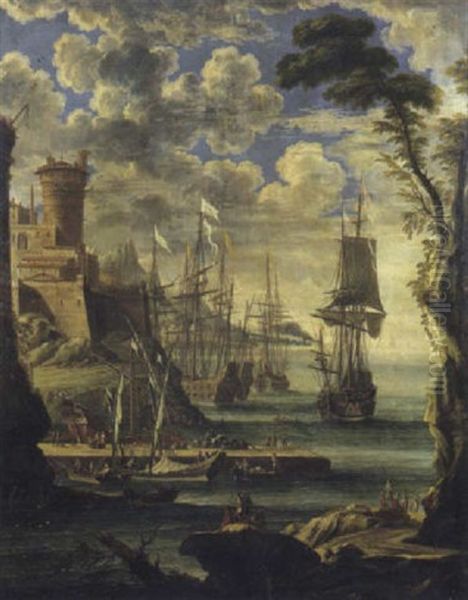 Marina Mediterranea Con Velieri Alla Rada Presso Un Porto Fortificato Con Astanti Vari - view 1