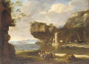 A Mediterranean Harbour With Fishermen And Boat Builders by Orazio Grevenbroeck