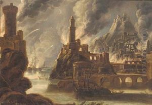 A Moonlit Coastal Landscape With A Fort Under Siege