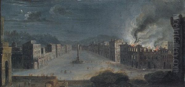 Rome, A View Of The Piazza Navona At Night, With Figures Gathering Round A Burning Building - view 1
