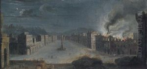 Rome, A View Of The Piazza Navona At Night, With Figures Gathering Round A Burning Building