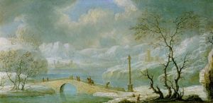 Winterlandschaft Mit Einer Brucke Uber Einem Gefrorenen Gewasser