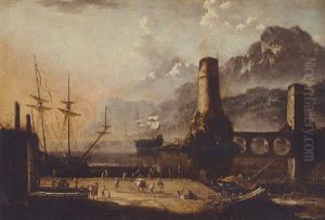 A Mediterranean Harbour With Stevedores On A Quaside, Moored Ships And A Bridge Beyond