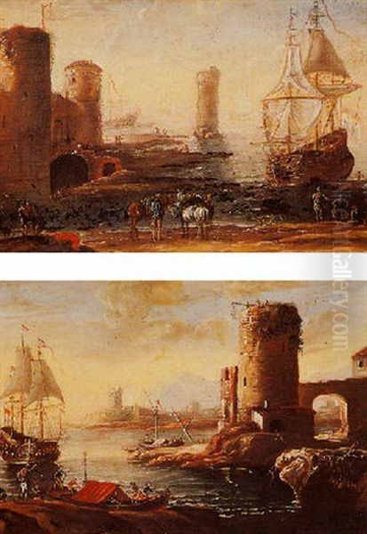 A Dutch Sailing Vessel In An Italianate Harbour With Travellers And Their Horses On The Quay - view 1
