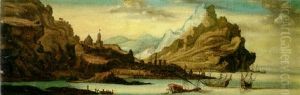 A Coastal Scene With Ships Offshore And A Rocky Landscape Beyond by Orazio Grevenbroeck