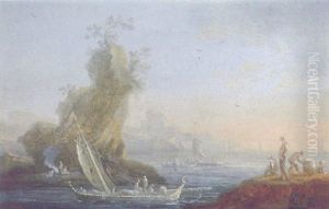 A Mediterranean Coastal Landscape With Sailing Vessels By A Rock And Fishermen On A Cliff Nearby by Orazio Grevenbroeck