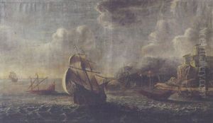 A Coastal Landscape With Figures Gathered Beneath A Castle On A Rocky Outcrop, Shipping In A Still Breeze Offshore