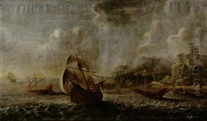 A Coastal Landscape With Figures Gathered Beneath A Castle On A Rocky Outcrop, Shipping In A Stiff Breeze Offshore