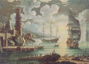 A Capriccio Of A Mediterranean Harbour At Sunset With Three Maltese Men O'war And Other Vessels