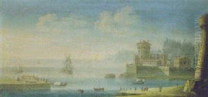 Marina Mediterranea Con Fortificazioni Costiere, Un Vascello E Varie Lance Alla Rada