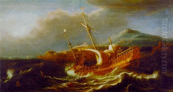 Ein Schiff Auf Bewegter See Vor Einer Sudlandischen Kustenstadt - view 1