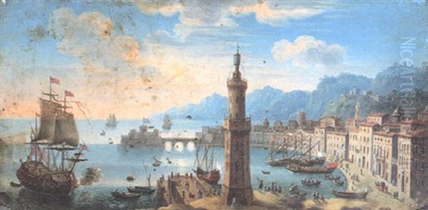 A Capriccio View Of A Mediterranean Port With Lighthouse - view 1