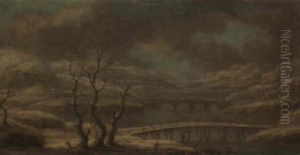 An Extensive Winter Landscape With Bridges Crossing A Frozen River - view 1