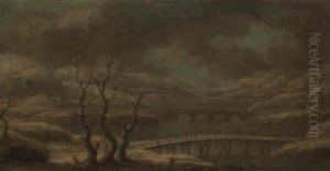 An Extensive Winter Landscape With Bridges Crossing A Frozen River by Orazio Grevenbroeck
