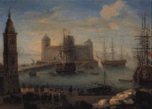 A Mediterranean Port With Men-of-war Moored By A Fortress by Orazio Grevenbroeck