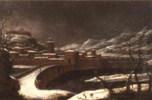 A Winter Landscape With Two Figures Before A River by Orazio Grevenbroeck