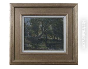 Wooded River Landscape With Lady Walking by Alfred Grey