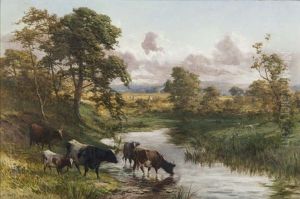 Cattle Watering In A River Landscape by Alfred Grey