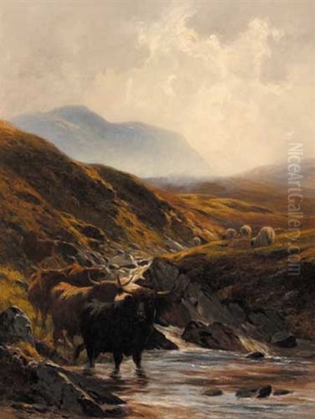 Highland Cattle And Sheep By A Mountain Stream - view 1