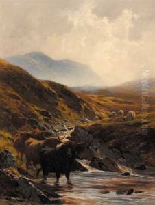 Highland Cattle And Sheep By A Mountain Stream