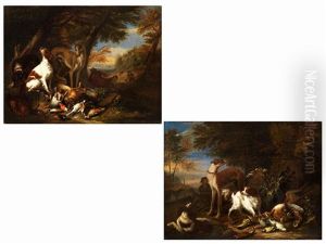 Jagdstucke Mit Leicht Abgedunkelter Waldlandschaft Mit Ausblick In Die Hugelige Ferne (pair)