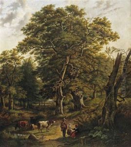 A Forest With Figures Resting Near A Stream