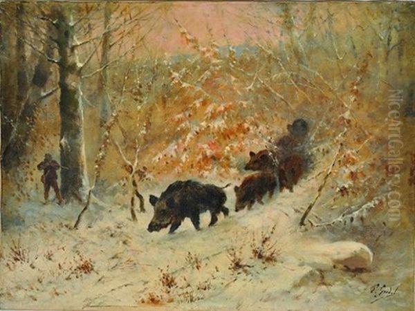 Compagnie De Sangliers Guettee Par Un Chasseur - view 1