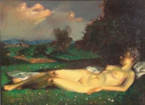 Schlafender Weiblicher Akt Auf Einer Wiese, Im Hintergrund Dorfsilhouette by Theodor Baierl