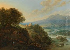A Vast Mountain Landscape With Peasants Resting Near A Path And A Small Fortified Town In A Valley by Jan Griffier the Elder